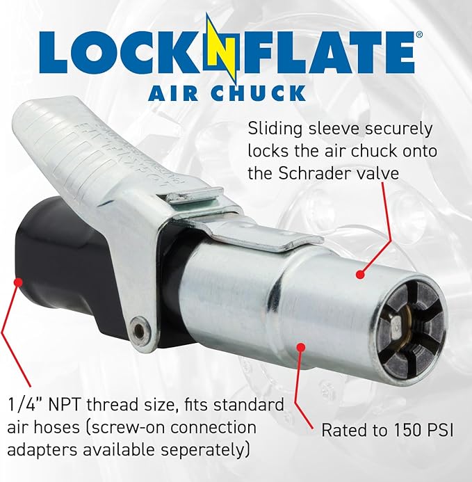 LockNFlate Locking Air Chuck - Six Steel Jaws Lock onto Any tire Valve - Won't Leak or pop Off - Rated to 150 PSI - Open Flow