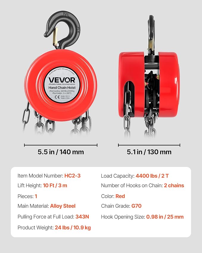 VEVOR Hand Chain Hoist, 2 Ton 4400 lbs Capacity, Manual Chain Block with Upgrade G70 Galvanized Chain, 10 ft Lifting Height, Heavy Duty Pulley Hoist for Garage Warehouse Automotive Machinery, Red