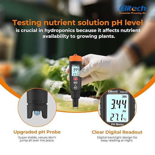 Elitech PHM-230 Professional pH Pen Meter – Digital Tester for pH & Temperature in Hydroponics, Growing Solutions, Drinking Water with ATC & Full Calibration Kit (0.00–14.00) for Plant Health