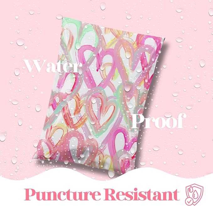 Pretty Package Store Poly Mailer 14.5x19, Happy Hearts, 100 Pack | Heavy Duty, Waterproof, Self Seal, Tear Resistant, Shipping Bags for Small Business Packaging, Bulk Mailing Envelopes