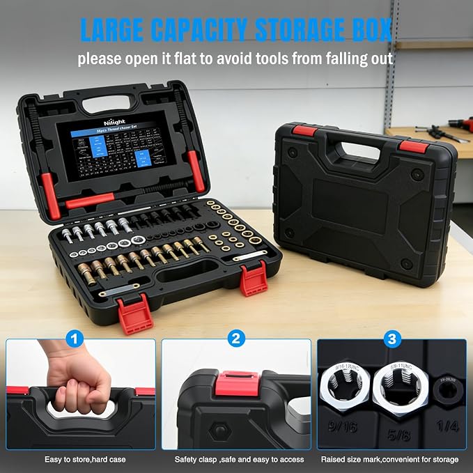 Nilight 56PCS Thread Chaser Set SAE Metric Master Thread Repair Kit with Case 23 Taps 28 Dies 3 Files 2 Gauge Universal UNC UNF Sizes Automotive Tool for Mechanics Auto Shop Home Garage Repair