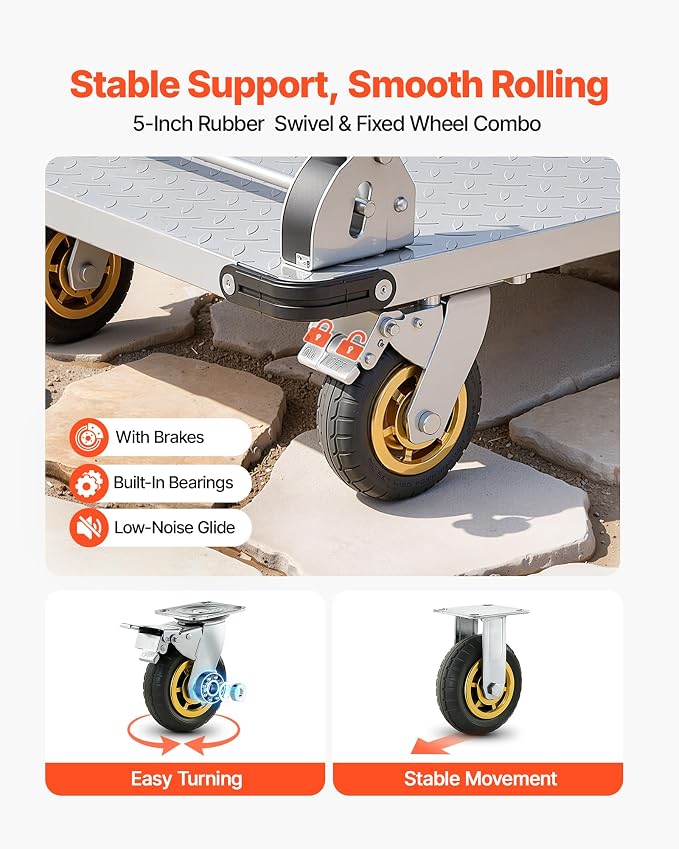 VEVOR Heavy Duty Platform Truck, 2000 LBS Steel Large Flatbed Cart with 360° Swivel Wheels & Brakes, Foldable Platform Hand Push Truck Dolly for Easy Storag/Groceries/Garage/Warehouse (36" X 24")