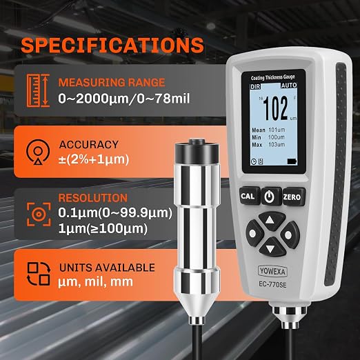 EC-770SE Professional Coating Thickness Gauge with External Probe, Digital Paint Thickness Meter, Auto-Detect Fe/NFe, 0–2000μm Measuring Range,2000 Reading Memory, USB Data Export