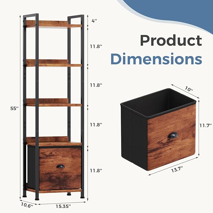 DUMOS 5 Tier Bookshelf with Fabric Drawer, Tall Industrial Bookcase, Narrow Display Standing Shelf, Wood and Metal Storage Shelf Organizer in Bedroom, Living Room, Rustic Brown