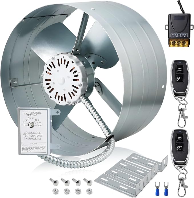 Hiorucet Upgraded 15 Inch Gable Vent Attic Fan with Switch, 1600CFM 2400 SQF High Performance Low Noise Exhaust Fan with Adjustable Thermostat, 14 Inch Blade and Permanently Lubricated Motor 1050RPM.