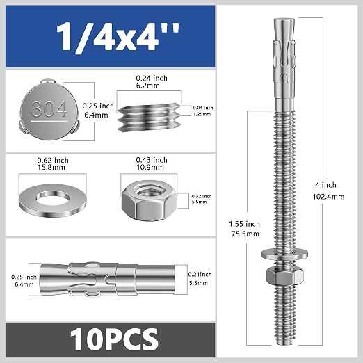 Wensilon 10Pcs 1/4x4 Inch Standard Fasteners for Heavy-Duty 304 Stainless Steel Wedge Anchors for Cement and Concrete