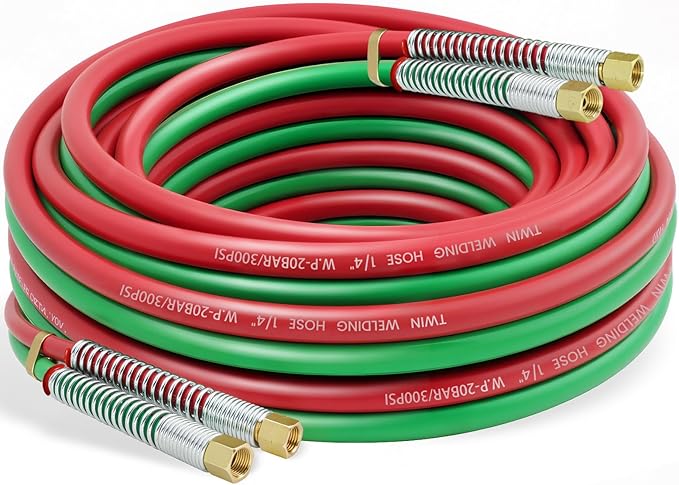 RX WELD 25 Feet 1/4" Oxy Acetylene Welding Hose with 9/16"-18 B Fittings | Grade R, Rubber, Twin-Line Torch Hose