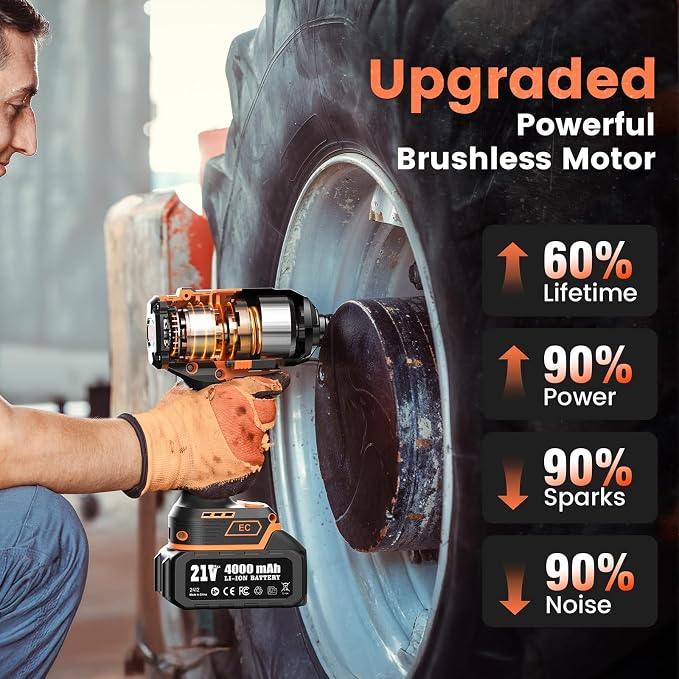 1500N.m Cordless Impact Wrench - 20V Max Brushless 1/2" Impact Gun with 2 x 4.0Ah Batteries & Fast Charger | Removes Stuck Truck Lug Nuts in Seconds | 3-Speed for Auto Repair & Heavy Duty DIY
