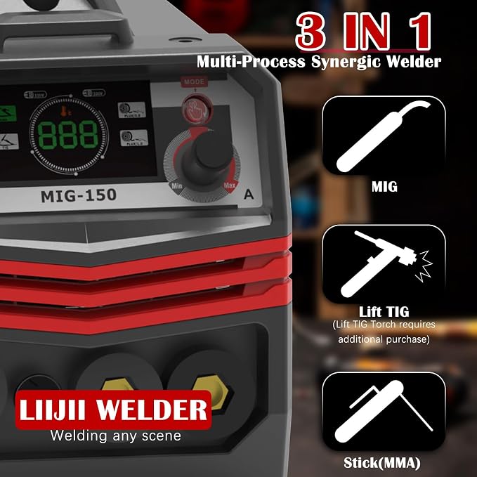 150A MIG Welder 3-in-1 Welding Machine, MIG/Lift TIG/Stick Welder Machine 110V, Portable Gasless Flux Core Welder IGBT Inverter Welder with LED Digital Display
