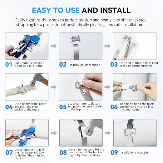 Stainless Pallet Strapping Kit，Metal Strapping Tool，Steel Trapping Tool Combines，The 304 Steel Strapping Banding Kit Includes 100 Metal Buckles & a Pair of Anti-Cut Gloves，Cable Ties 100 feet Long×2