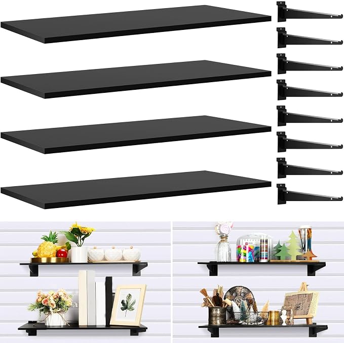 Barydat 4 Sets 23.6 x 11.8 Inch Slatwall Shelves with Metal Brackets Set Heavy Duty Slat Wall Knife Shelf Bracket Accessories Wall Organizer for Garage and Retail Display, Black