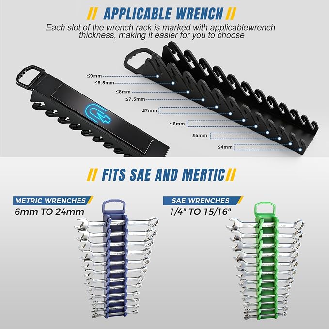 9PCS Magnetic Socket Organizer & Magnetic Wrench Organizer Set | 3 Color Socket Holder for 1/4” 3/8” 1/2” Metric SAE, Socket&Wrench Holder for Tool Box Drawer, Socket Wrench not Included