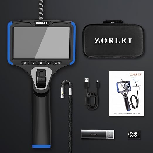 Dual Lens Two-Way Articulating Borescope Camera with Light, 5" Inspection Camera Endoscope, 0.25in Slim Probe, Waterproof 5.0FT Snake Camera for Automotive, Mechanics & Engine Inspection