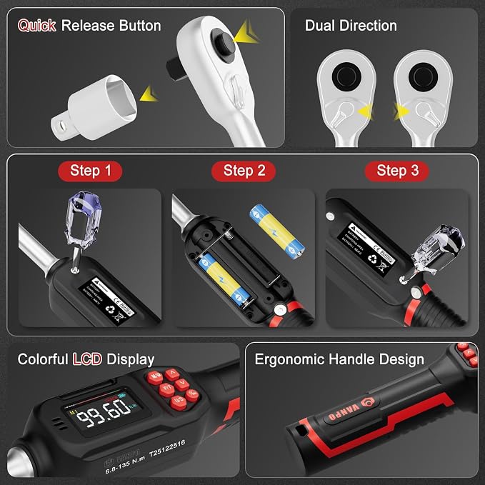 VANPO Digital Torque Wrench 3/8-Inch,5-99.6 Ft-Lb for Bike, Motorcycle | 6.8-135 Nm, Electronic Torque Wrench with Color Screen,Buzzer and LED Alertm, Preset & Data Storage forAutomotive Maintenance