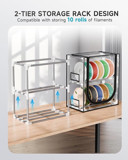 YOOPAI 3D Printer Filament Storage Box – 2 Tier Filament Storage Rack with Transparent Cover, Holds Up to 12 Rolls 1KG – 3D Filament Storage Organizer for Home, Workshop & Studio