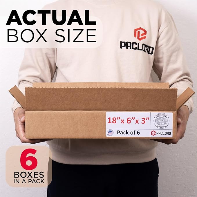 Flat Cardboard Boxes 18"L x 6"W x 3"H (Pack of 6) - USA-Made Packing Boxes for Moving, Shipping, or Storage - USPS, UPS, FedEx Approved - Professional Packing Supplies for Moving | USA-Made Packing Boxes for Moving, Shipping, or Storage - USPS, UPS, Fe...