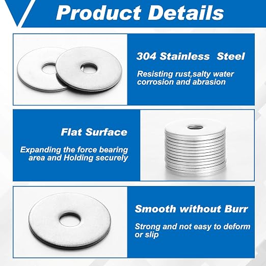 Hotop 200 Pieces Stainless Steel Fender Washers 18-8 Stainless Steel Flat Washer (3/16" X 3/4")