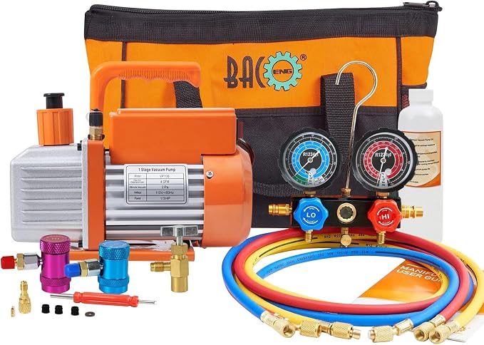 BACOENG R1234yf AC Vacuum Pump and Gauge Set, 4 CFM Sparkless HVAC Vacuum Pump Kit for R1234yf Refrigerant, with Can Tap and Quick Couplers
