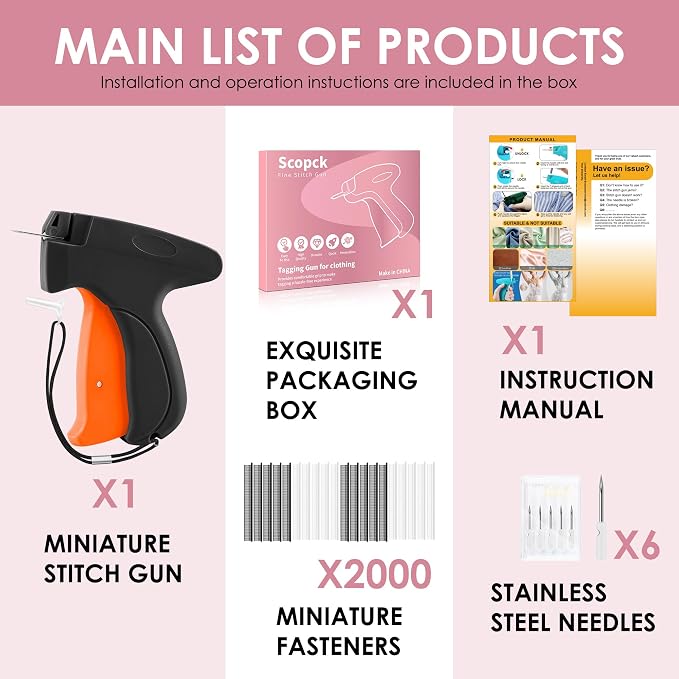 Stitch Gun for Clothes - Handheld Stitch Gun Quick Clothing Fixer - Tagging Gun - Includes 6 Needle, 1000 Black Fasteners & 1000 White Fasteners