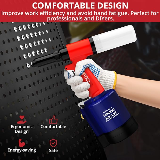 JUSTOOL 3097 LBF Heavy Duty Pneumatic Rivet Gun, Air Rivet Gun 4 Nosepieces 3/32", 1/8", 5/32", 3/16", NPT 1/4 inch Air Riveter Pop Rivet Gun Kit 16mm Maximum Stroke for DIY Automotive Industries