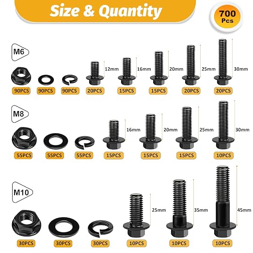 Kadrick Metric Flange Bolt Assortment Kit，700Pcs M6 M8 M10 Bolt Kit,M6-1.0 M8-1.25 M10-1.25 (12mm to 45mm) Hex Bolts Nuts and Washers Kit,Black Zinc Plated
