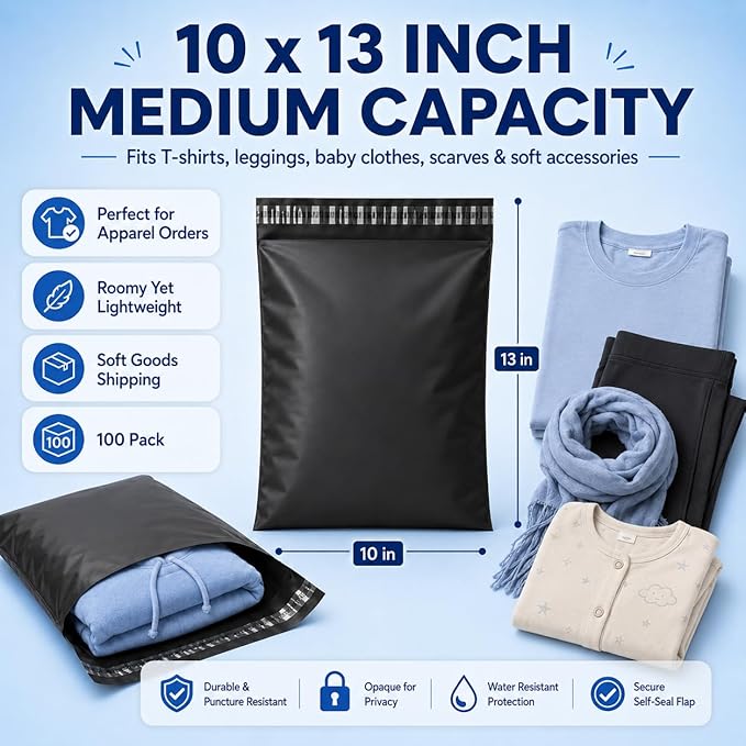 Fuxury Poly Mailers 10x13" 200 Pcs,Durble Shipping Bags For Clothing,Black | Heavy Duty Self Sealing Mailing Envelopes,Durable Opaque Packaging Mailers Poly Bag For Clothing Business,Boutique