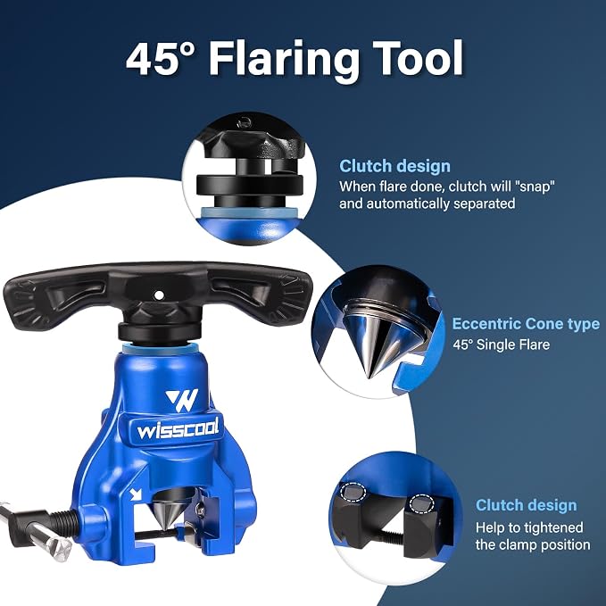 Wisscool Flaring Tool HVAC 1/4” -3/4” Single Flare Tool 45° Eccentric Tubing Flare Tool with Clutch Limit for Copper Pipe Tube Plumping Work(2 in 1)