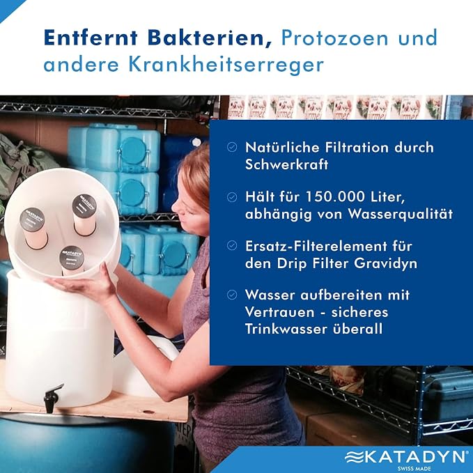 Katadyn Gravidyn Replacement Element for TRK Drip Gravity Filter | 0.2 Micron Silver Ceramic with Activated Carbon Core, Filters Sediment & Reduces Chemicals, Cleanable, Swiss Made