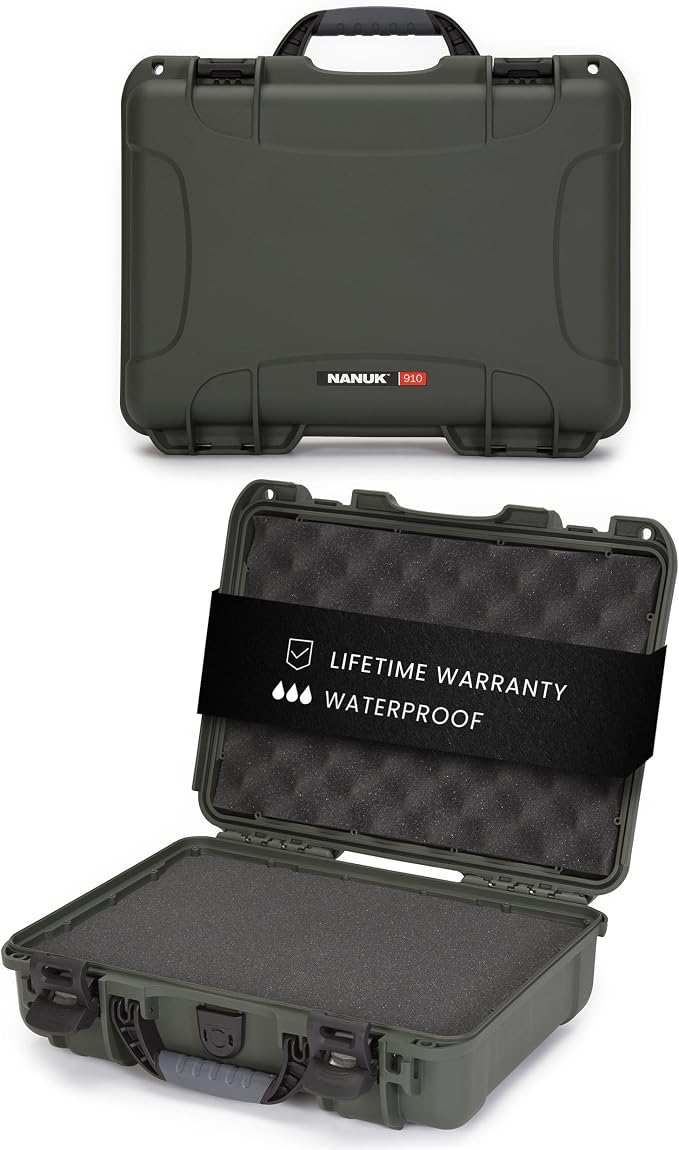 NANUK 910 Hard Case with Customizable Cubed Foam, IP67 Waterproof, Dustproof and Impact Resistant, 14.3” x 11.1” x 4.7”, Rugged Construction for Ultimate Protection, Made in Canada - Olive