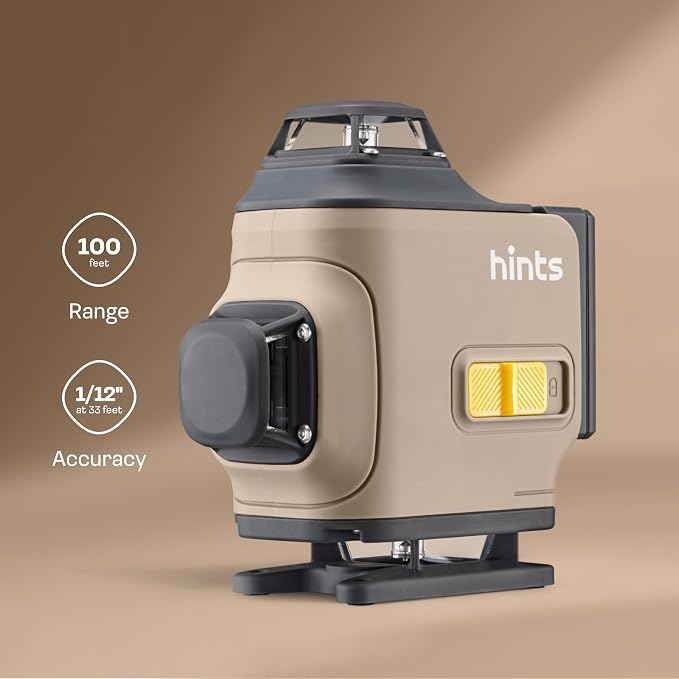 Hints 4D Laser Level Self-Leveling 4x360°, 4 Beams, 100Ft, ±1/12" Accuracy, IP54, Outdoor Pulse Mode, Remote and Gesture Control, Type-C Chargin, Storage Case and Extra Li-ion Battery included