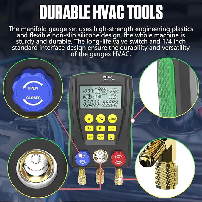 Digital Manifold HVAC Gauges Set with Pressure & Temp Test, Digital Refrigerant Gauges for R410A R22 R134A Built-in 89 Refrigerant Database, HVAC Gauges Set with Refrigerant Hoses,Temp Clips