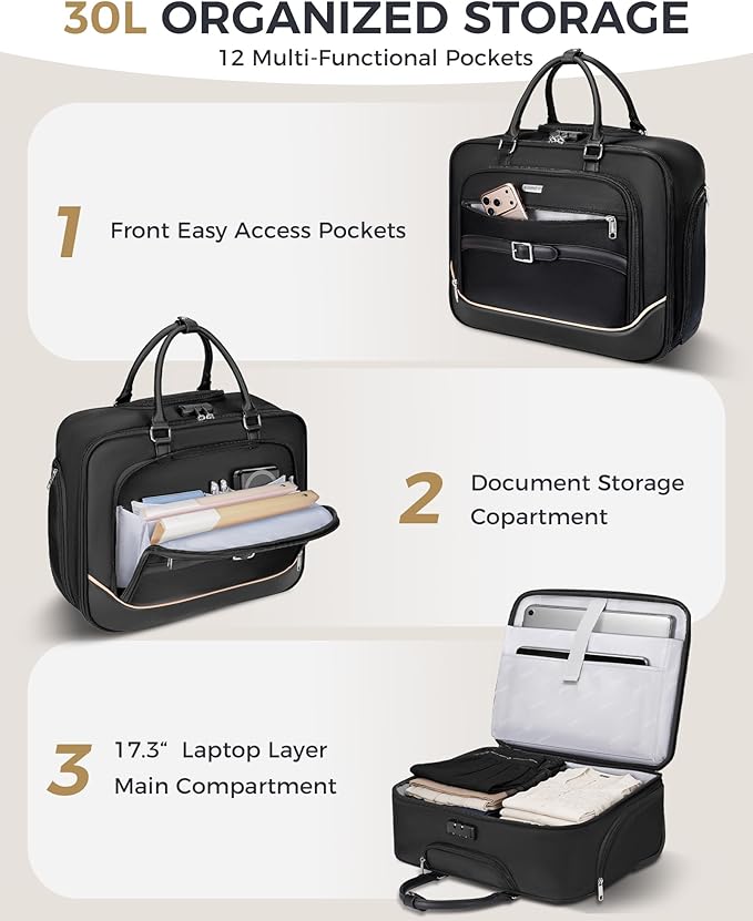 Ytonet Rolling Laptop Bag, 17.3 In Rolling Briefcase for Men Women with Accordion File Pockets, Anti Theft Laptop Bag with Wheels, Professional Roller Underseat Bag for Travel Work Teacher, Black