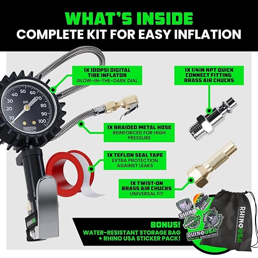 Rhino USA Tire Pressure Gauge with Inflator (0-100 PSI) - Heavy Duty Air Chuck and Compressor Accessories with Stainless Braided Hose, Large Analog Dial and Solid Brass Hardware for Truck and RV