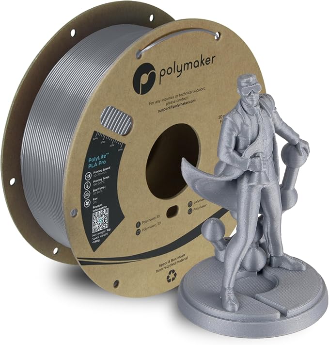 Polymaker PLA PRO Filament 1.75mm 1kg, Tough & High Rigidity Silver 3D Printing Filament, PolyLite PLA PRO High Speed, Print with Most 3D Printers
