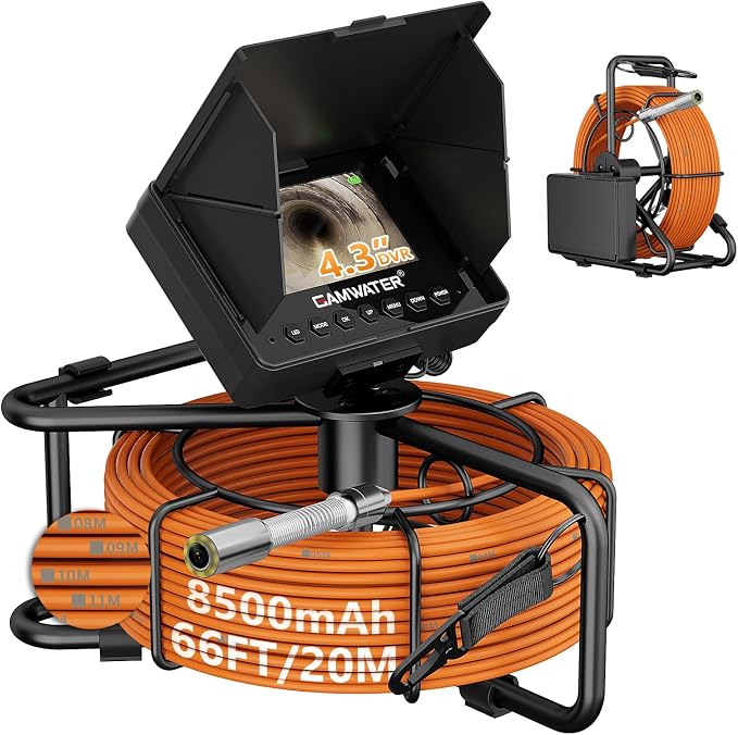 Sewer Camera,66FT/100FT Pipe Inspection Borescope Endoscope Camera with 8pcs LEDs Light 4.3" IPS Screen 18MM DVR Plumbing Snake 8500Mah Battery (18MM-DVR-20M)