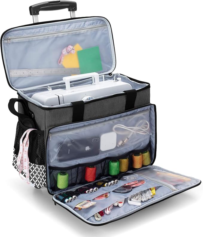 Yarwo Upgraded Rolling Sewing Machine Carrying Case, Detachable Trolley Tote Bag with Removable Bottom Board and Thickened Trailer Leg for Most Standard Sewing Machine and Accessories, Black with Grid
