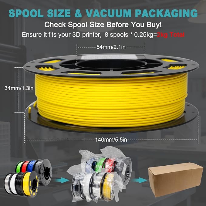 1.75mm PETG Filament 8 Colors 250g 8 Pack, Low Warping High Toughness 3D Printer Filament for Most FDM 3D Printers