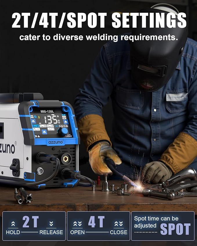 AZZUNO 135A MIG Welder& Welding Helmet Auto Darkening with True Color Large Viewing, 110V 3 in 1 Gasless Flux Core MIG Welder/Lift TIG/Stick Welding Machine, Wire Feed Welder with Synergic Control