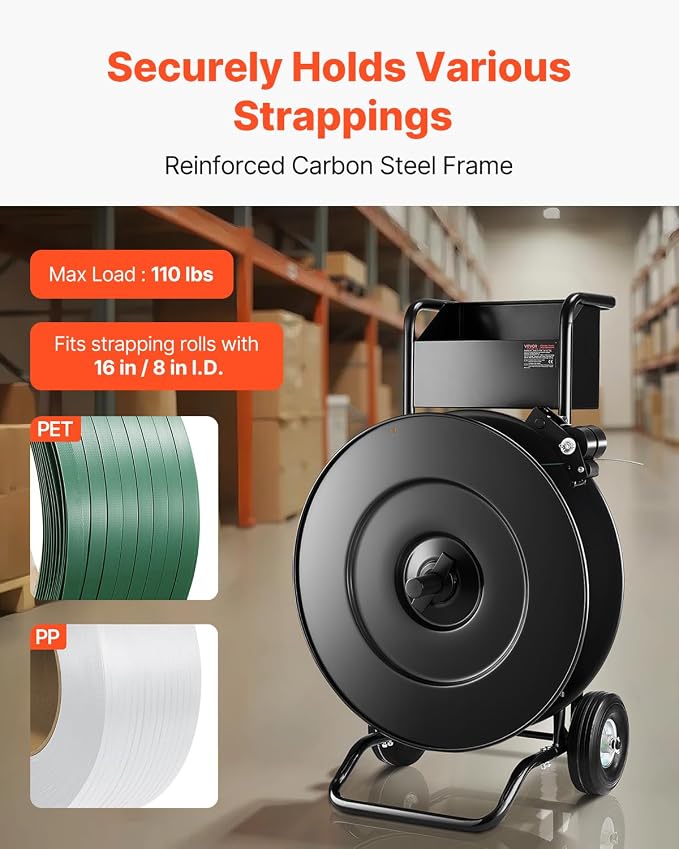 VEVOR Banding Strapping Cart, for PET/PP Coils with 8" or 16" Core, Heavy Duty Strapping Dispenser with Upgrade Drum Brake System, Rubber Wheels and Built-in Spacious Tool Tray, 110 lbs Capacity