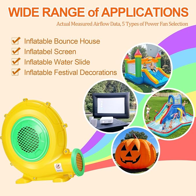 Bounce House Blower, 370W/0.5HP Commercial Air Blower with Double-Sided Fan Blade Design, Strong Wind and Great Heat Dissipation Properties for Bouncy Castle, Jump Slides, Arch, Inflatables