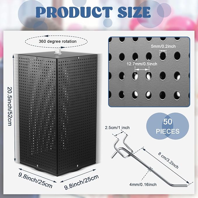 Geelin Metal Pegboard Display with 50 Hooks, 9.8 x 9.8 x 20.5 in Rotating Display Stand Racks for Craft Shows Pegboard Organizer with Peg Hooks for Jewelry Organizing Retail(Black)
