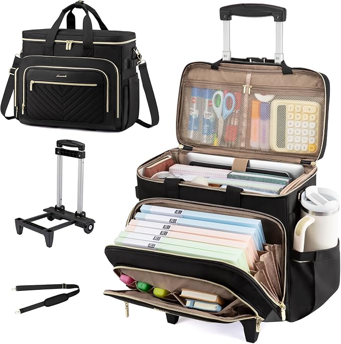 LOVEVOOK Rolling Teacher Bag with Detachable Dolly and Laptop Compartment, Large Rolling Tote Bag fits for 17.3" Laptop for Teacher Office Work Craft Nurse, Quilted-Black