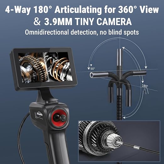 360° Articulating Borescope Camera, 3.9mm Borescope Endoscope with 5" IPS Screen, 720P HD, 4.9FT Gooseneck Cable, IP67 Waterproof Snake Cameras with 6 Lights for Automotive, Plumbing