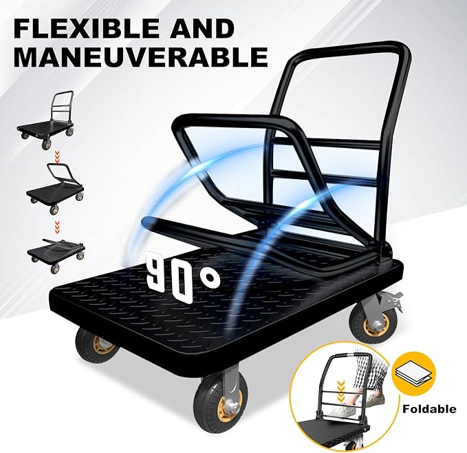 Heavy Duty Platform Truck Flat Cart Hand Trucks,1500 to 2000Lbs Steel Push Cart Dolly with Brake Design, 36 x 24in or 27x19in Large Flatbed Black Trolley (BL, 36X24 Large)