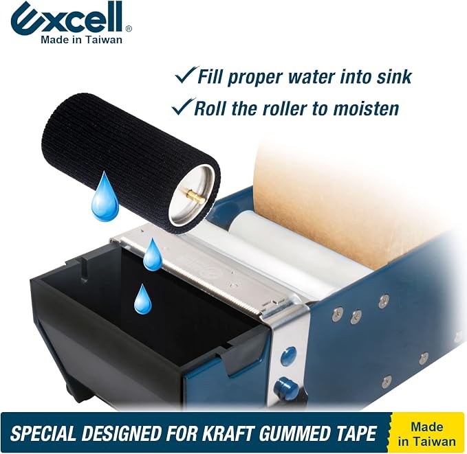 Excell ET-377 Gummed Water Activated Kraft Paper Tape Dispenser | Roller moistens tape for smooth cutting. Durable metal build with anti-rust blade. 3" wide