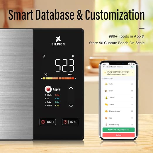 EILISON Smart Kitchen Scale with Nutrition Calculator, Digital Food Scale, Large TFT Color Display, Bluetooth App for 999+ Foods, Calorie Counter & 24 Nutrients Analyzer, 5000g Capacity (Black)