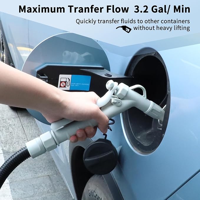 Fuel Transfer Pump (3.2GPM) with Hand Nozzle for Quick Stop Flow Control, 51" Hose Automatic Gas Pump with 4 Gas Can Fittings, USB and Battery Powered Portable Siphon Pump for Oil, Gasoline, Diesel