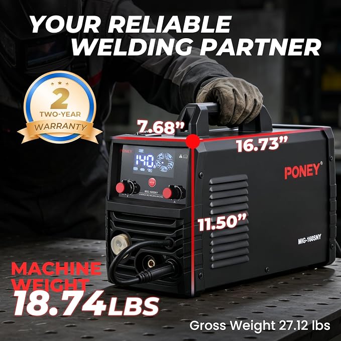 PONEY 140A MIG Welder 110V/220V - 5 in 1 Portable Dual knobs | Gasless MIG/MAG/FLUX/TIG/MMA Welding Machine, Synergic Control, IGBT Inverter & LED Display, Dual Voltage,Dual knobs