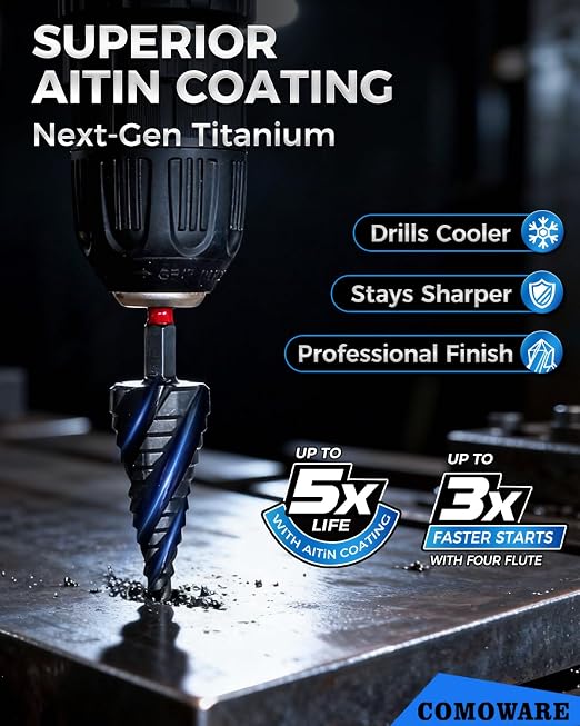 Step Drill Bit Set, 1/8~1-3/8" 5Pcs Four Spiral Flute AITIN Coated Step Bit | Versatile Size,Upgraded 3/8" Shank for Higher Torque,1/4" Hex Shank,for Metal, Stalinless Steel, Aluminum, Wood, Plastic
