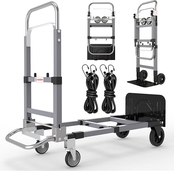 Suzhi Foldable Hand Truck Moving Dolly Cart with 4 Wheels, 500 Lbs Load,2 Straps, Pre-Assembled, Save Room, Easy Folding Dolly for Furniture, Appliances, Boxes, Warehouse & Office Transport